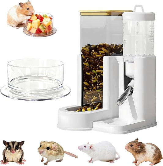 No-Drip 2-in-1 Hamster Water Bottle & Automatic Feeder, All-in-One Small Animal Cage Accessories with Snack Bowl for Hamsters, Mice, Gerbil and Sugar Gliders