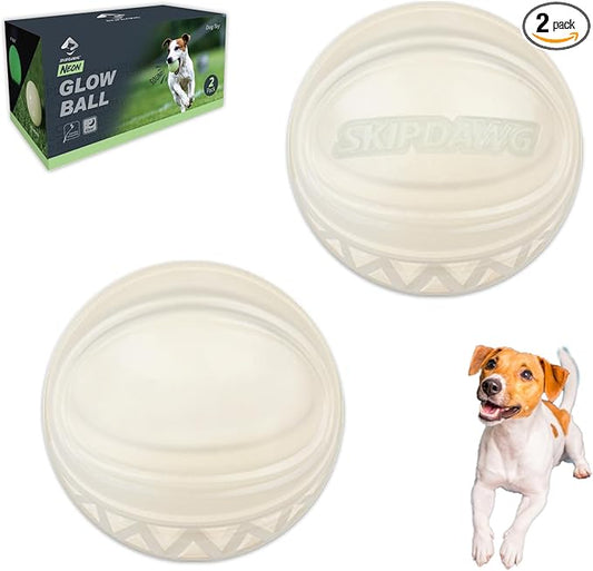 SKIPDAWG Interactive Dog Glow Balls, Rubber Balls Light Up in the Dark, Dog Toys Squeaky Ball Durable TPR Light Weight, Bouncy Glowing Ball Size 2.5 Inches, 2 Pack