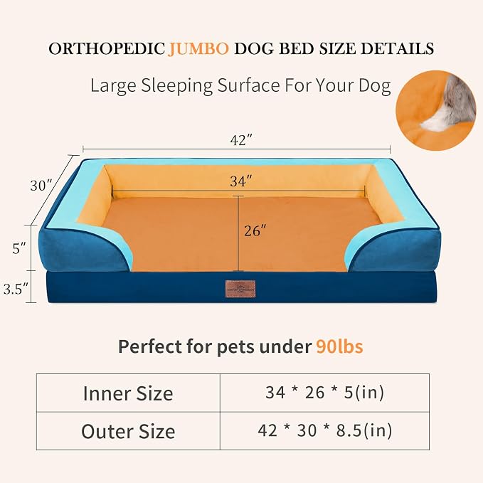 Comfort Expression Orthopedic Dog Bed for Extra Large Dogs with Bolster | Waterproof Dog Couch Bed with Washable Cover & Non-Slip Bottom, Supportive Egg Crate Foam XL Pet Bed, 42x30 Inch
