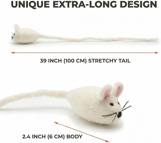 Glaciart One Felt Mouse Cat Toy – Soft Fuzzy Enrichment 100% Natural Wool - Interactive Catnip Play Cat Toy Set - Safe for Pets, Non-AZO Colored Dyes - 42” Long