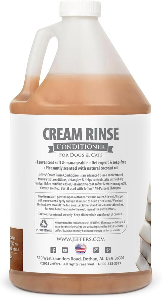Jeffers Pet Cream Rinse 3in1 Conditioner, 128 Oz – Moisturizing & Detangling Formula for Dogs & Cats, Light Coconut Scent, Soap & Detergent Free, Safe Professional Grooming Pet Coat Care