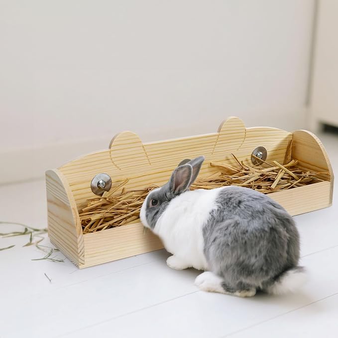 Hedume Rabbit Hay Feeder, Wooden Bunny Food Feeding Manger, Rabbit Hay Holder Less Wasted Food Dispenser for Guinea Pig, Chinchilla, Hamster