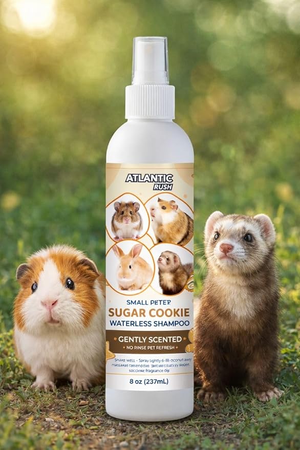 Waterless Shampoo for Small Critters - 8oz Cruelty Free Dry Shampoo - No Rinse for Pet Ferrets, Guinea Pigs, Hedgehogs, Sugar Gliders, Rabbits & Hamsters (8 oz, Sugar Cookie Lightly Scented)