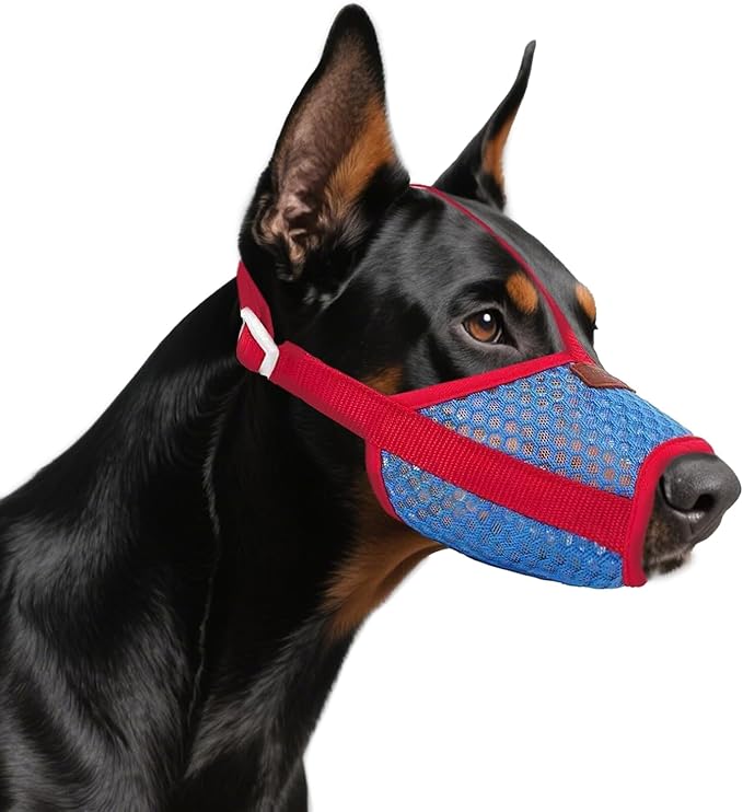 Basket Muzzle for Dogs, Prevents Biting Chewing Barking, Soft Breathable Design with Adjustable Strap, Allows Panting and Drinking, Great for Training Grooming Vet Visits (Red-Blue, Medium)
