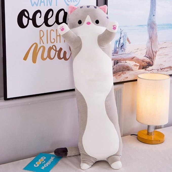 Lovely Plush Cat Doll Cute Cartoon Soft Stuffed Kitten Long Throw Sleeping Pillow Toy Gift for Kids Girlfriend Multiple Size (Grey,90cm/35.4in)