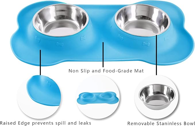 Hubulk Pet Dog Bowls 2 Stainless Steel Dog Bowl with No Spill Non-Skid Silicone Mat + Pet Food Scoop Water and Food Feeder Bowls for Feeding Small Medium Large Dogs Cats Puppies (Large, Turquoise)
