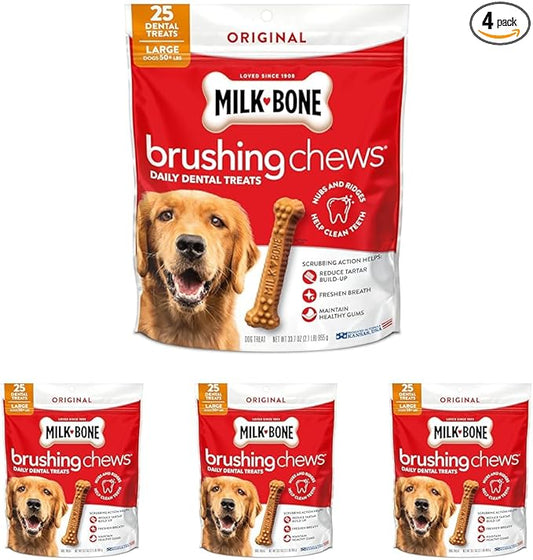 Milk-Bone Brushing Chews Original Chicken Flavor Daily Dental Dog Treats, Large, 33.7 Oz. Bag (Pack of 4)