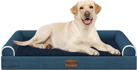 NANUYA Orthopedic Dog Bed for Large Dogs, 38 x 25 Inch, Navy Blue | Egg crate foam for joint support, 3-sided bolster pet sofa, waterproof lining, washable cover, and non-skid base
