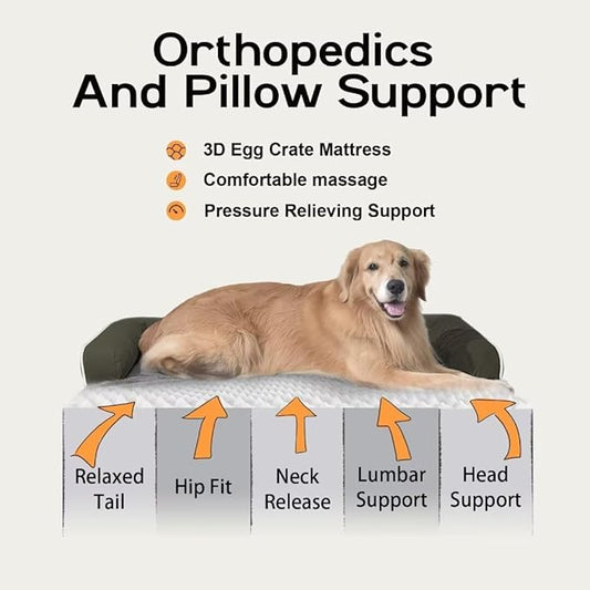 MEKIY Orthopedic Washable Dog Bed with Bolster for Medium to Large Dogs | Pillow Support for Neck Relief, Egg Crate Foam, Waterproof Liner, Anti-Slip Bottom, Removable Bolster Cover, 36 x 27 Inch