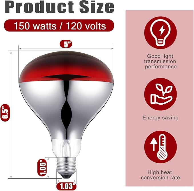 VIHOSE 2 Pack 150 Watt Heat Lamp 120v R40 Heat Lamp Bulbs Glass Incandescent Light Bulbs Incandescent Heating Lightbulbs for Reptiles Chicks Food Puppies Bathroom, Use E26 Base (Red)