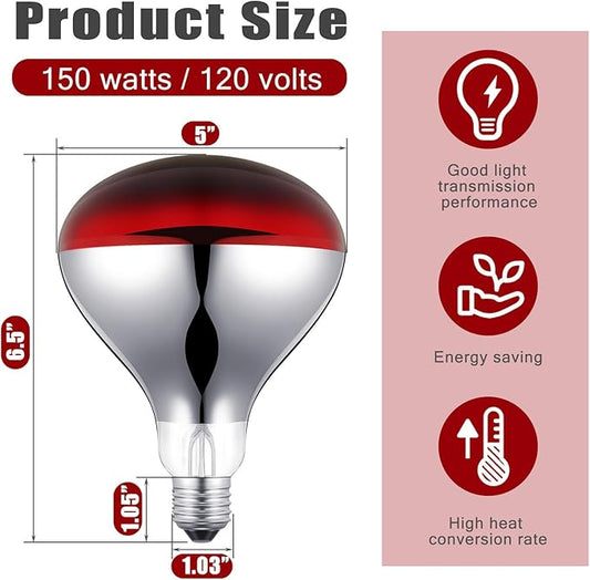 VIHOSE 2 Pack 150 Watt Heat Lamp 120v R40 Heat Lamp Bulbs Glass Incandescent Light Bulbs Incandescent Heating Lightbulbs for Reptiles Chicks Food Puppies Bathroom, Use E26 Base (Red)