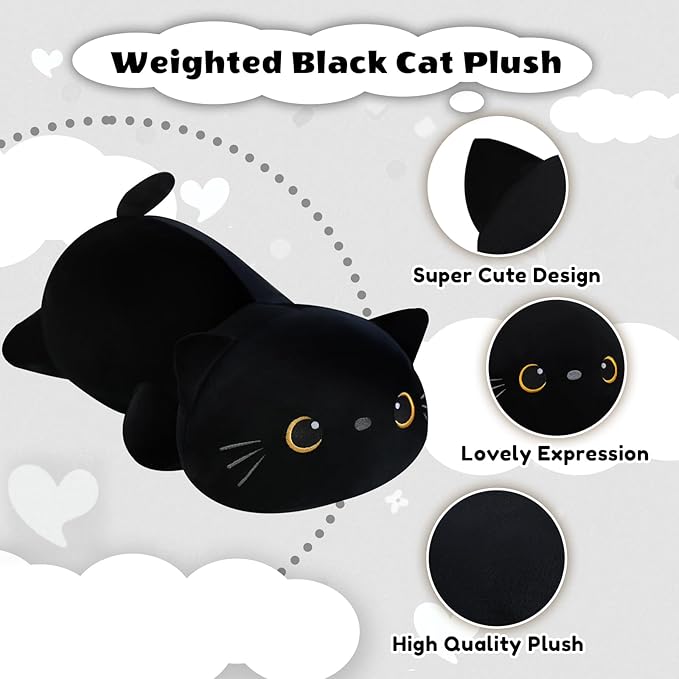 Finebee Weighted Black Cat Stuffed Animals, Cute Weighted Black Cat Plush, Soft Stuffed Weighted Plushie Pillow Gifts for Kids & Adults (13.8" 1.6Lbs)
