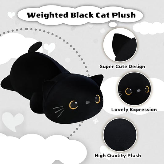 Finebee Weighted Black Cat Stuffed Animals, Cute Weighted Black Cat Plush, Soft Stuffed Weighted Plushie Pillow Gifts for Kids & Adults (13.8" 1.6Lbs)
