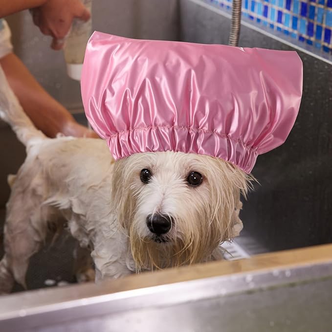 Pet Shower Cap Waterproof Reusable Bath Ear Covers with Adjustable Strap Cat Dog Bathing Hat for Ears Protection Elastic Headgear for Cat Dog Kitten Puppy (Pink,M (12.6''-18.1''))