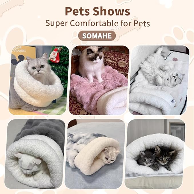 SOMAHE Cat Sleeping Bag for Indoor Cats, Faux Fur Pet Cave Bed & Burrow Nest, Reversible Plush Snuggle Sack, Portable Foldable Mat, Machine Washable, Anti-Static, 21.7"x17.7"Grey