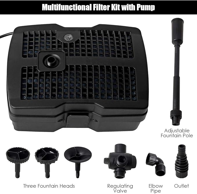 Goplus 4 in 1 Submersible Pond Filter Pump, 660 GPH Fountain Pump w/ 9-Watt S-terilizer & 3 Nozzles, All-in-One Water Pond Cleaning System w/Built-in Pump Outdoor(Black)