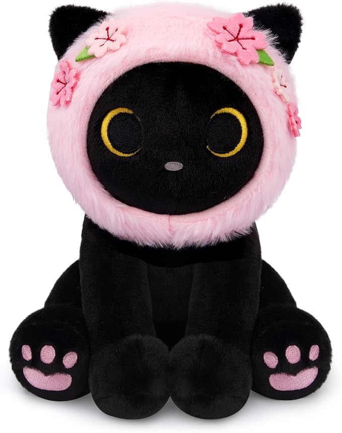 Black Cat Plush with Removable Sakura Flower Hood - 8" Cute Stuffed Animal for Spring, Soft Kawaii Cat Plushie, Flower & Cherry Blossom Gift for Girls & Moms