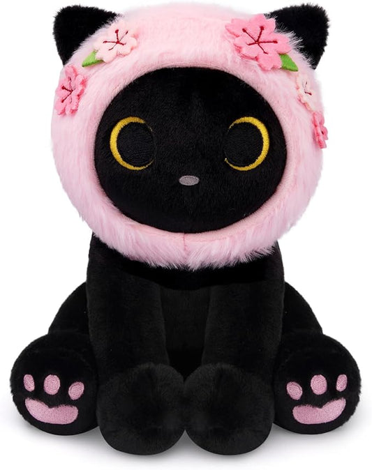Black Cat Plush with Removable Sakura Flower Hood - 8" Cute Stuffed Animal for Spring, Soft Kawaii Cat Plushie, Flower & Cherry Blossom Gift for Girls & Moms