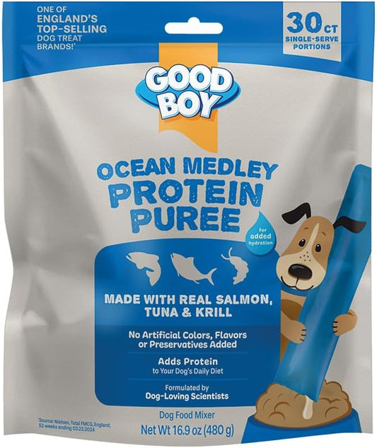 Good Boy Ocean Medley Protein Purees Dog Food Mixers for All Adult Dogs, 30 Count, Easy Single-Serve Triple Flavor Topper Treats with Salmon, Tuna and Krill