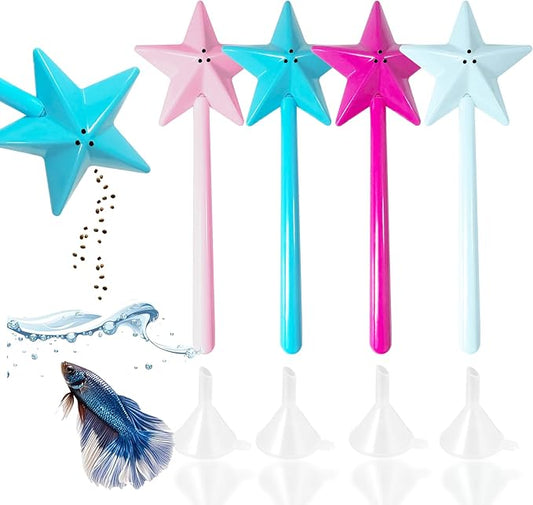 Creative Manual Fish Feeder Set of 4 Light Blue Blue Pink Magenta Includes Convenient Fish Food Funnel and Star Magic Wand Ideal for Aquatic Pets Feeding