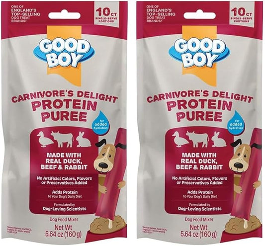 GOOD BOY Carnivore’s Delight Protein Purees Dog Food Mixers for All Adult Dogs, 10 Count, Easy Single-Serve Triple Flavor Topper Treats with Duck, Beef and Rabbit (Pack of 2)