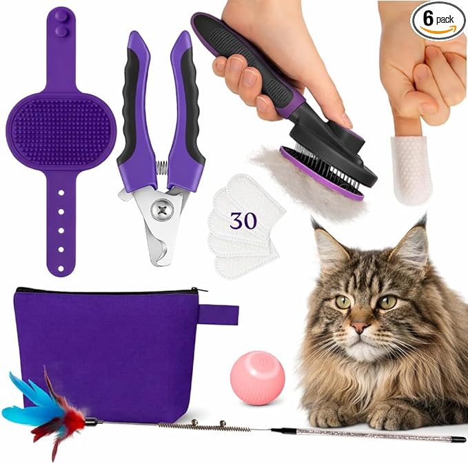 gameOFF Cat Grooming Kit 6 in 1, Include: Nail Clipper, Brush for Shedding, Wand Toy, Interactive Ball Toy, Bath Brush, Ear Cleaner Finger Wipes (30ct.), Cat Grooming Supplies, Kitten Supplies