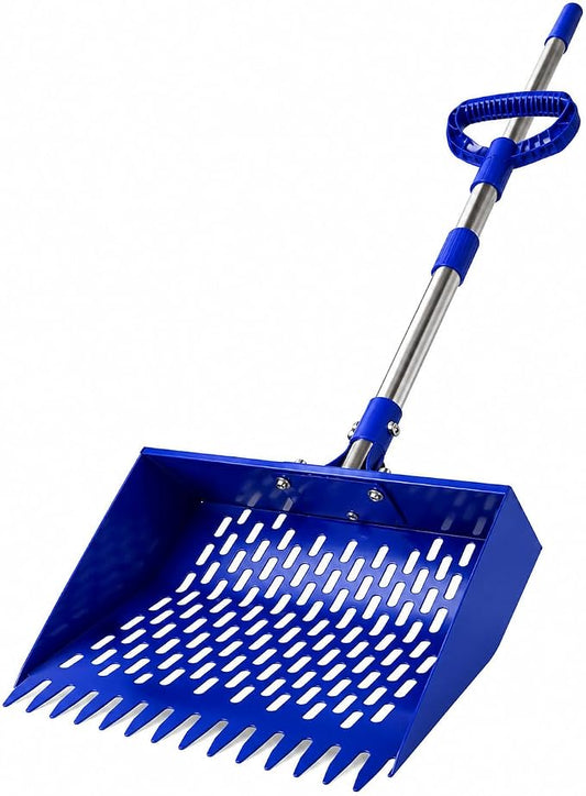 Chicken Poop Scooper with 74" Adjustable Handle – Heavy Duty Metal Chicken Coop Cleaner, 10.2" Wide Sifting Scoop with Built-in Rake & Hook for Sand, Pine Shavings & Manure