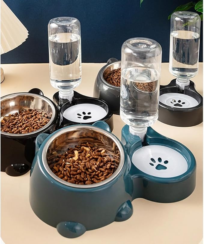 Automatic Refill Pet Water Bowl and Food Dish Set with Stainless Steel Removable Tray Anti Tip Base for Small Animals