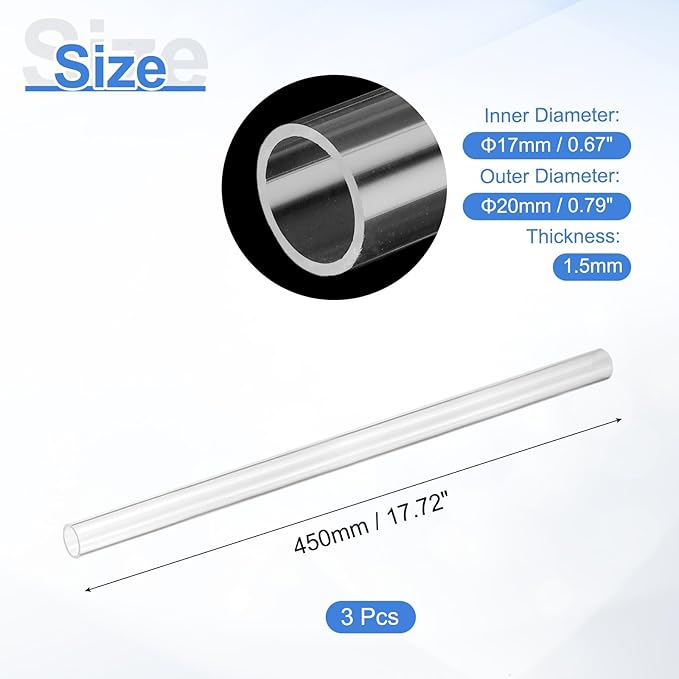 uxcell 3Pcs Clear Rigid Acrylic Pipe, 17mm(0.67") ID x 20mm(0.79") OD 18" Round Polycarbonate Tube Plastic Tubing for Plumbing, Lighting, Aquarium, DIY Projects