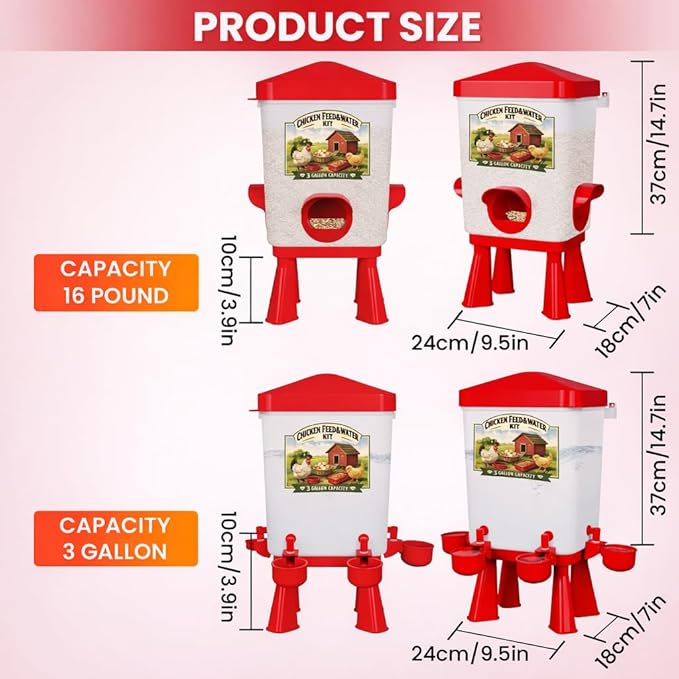 Erinaik Chicken Feeder and Waterer Set, 3 Gallon/16 LB Automatic Poultry Feeding System with Hanging Option, No Waste Feeder Ports & Water Cups, BPA-Free, Ideal for Hens Ducks and Poultry (RED2)