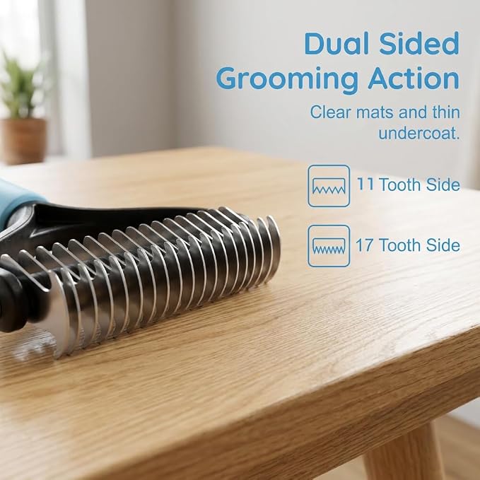 Pet Pro Grooming Tool, 2026 New Double-Sided Pet Grooming Brush, Multi-Functional Pet Brush, Portable Shedding Rake for Home Use, Professional Groomers (Blue, Medium)