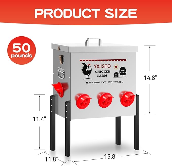 50LB Automatic Chicken Feeder with 8 Ports, Heavy Duty Metal No-Waste Poultry Feeder, Rustproof & Weatherproof Design with Adjustable Legs & Locking Lid