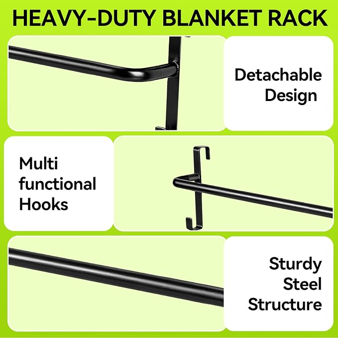 4Pcs Heavy Duty Horse Blanket Rack with Bridle Hooks, No-Drill Wall Mounted Assembled Blanket Bar, Saddle Pad Rack for Horse Tack Storage, Black