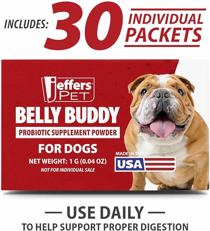 Jeffers Belly Buddy Dog Probiotic Powder Packets, 30 Count - Veterinary Formulated, Four Probiotic Strains & Vitamins for Gut Health, Diarrhea & Digestive Balance, Chicken Liver Flavor, USA Made