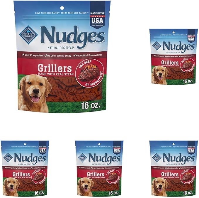 Blue Buffalo Nudges Grillers Natural Dog Treats, Made in the USA with Real Steak, 16-oz Bag, (Pack of 5)