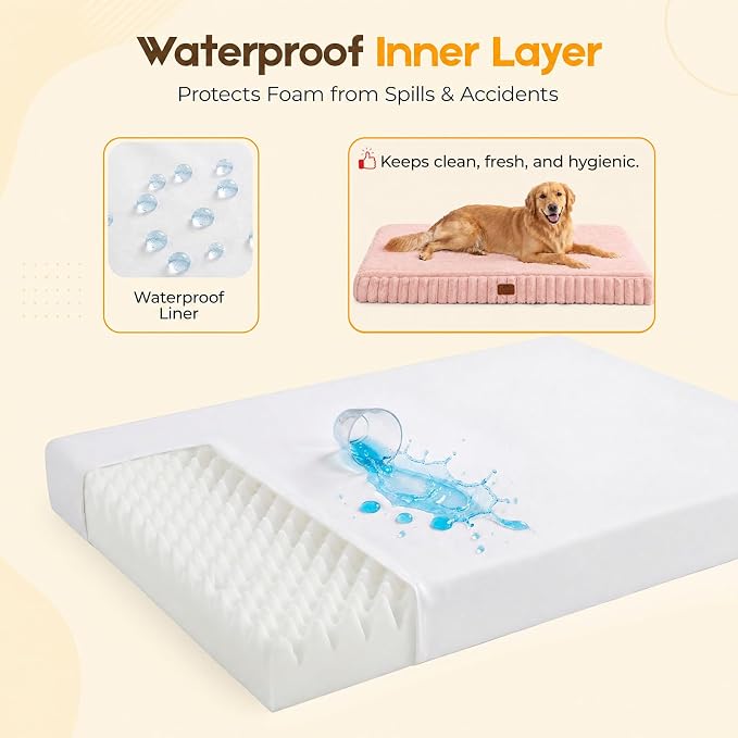 Orthopedic Dog Bed for Large Dog, Waterproof Pet Bed for Crate,Non-Slip Bottom and Egg-Crate Foam with Removable Washable Cover Crate Bed,Pink,35"x22"x3"