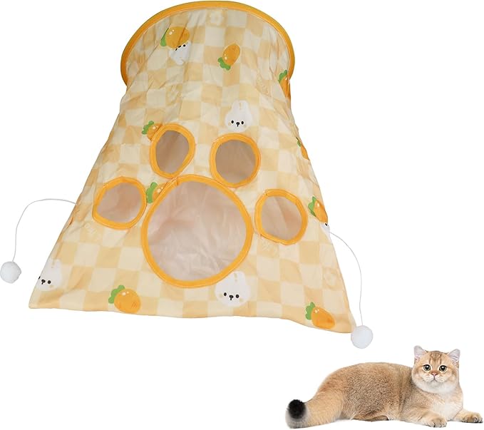 Andiker Cat Tunnel Bags for Indoor Cats, 13x17x12In Foldable Cat Crinkle Bag with 3 White Plush Balls and 1 Mouse 5 Holes for Kitten to Hide and Catch 3 Layers Cat Toy (Rabbit)