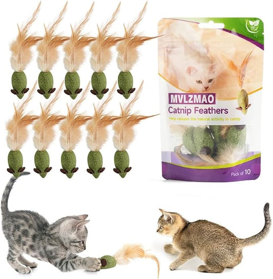 10 Pack Mouse Catnip Toy with Feather,Catnip Ball Interactive Catnip Mice for Chasing, Hunting, Exercising and Cleaning Teeth