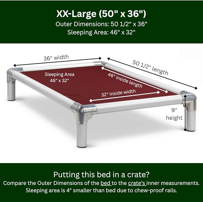 Kuranda Chewproof Elevated Dog Bed - Silver Aluminum - 50" x 36" - Heavy Duty Vinyl - Burgundy