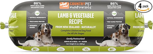 New Zealand Lamb & Veggie Frozen Fresh Dog Food, High-Protein 91% Grass-Fed Free-Range Meat, Gently Cooked, Grain-Free, Omega-3s, 6 lb (4 Rolls)