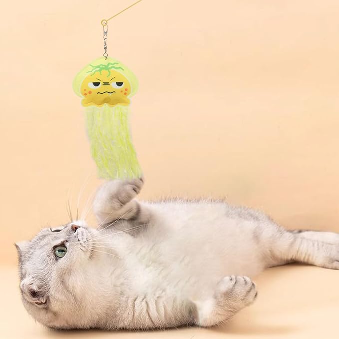 Andiker Cat Wand Toy, 35 Inches Flexible Cat Stick with Cute Jellyfish Cat Wand Replacement Cat Teaser Toy Sturdy Interactive Cat Toy for Indoor Cats to Chase Pounce Entertain (Blue)