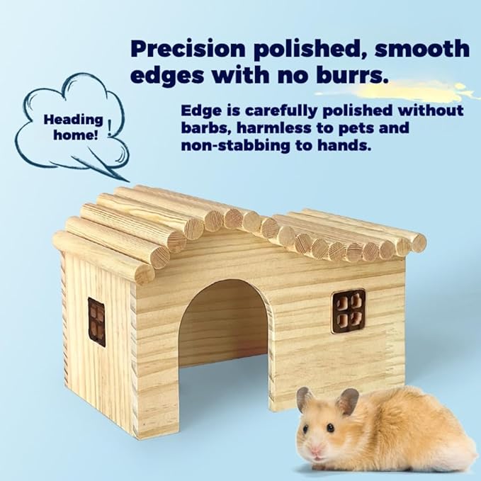 Hamster Wood Hideout Hut with Window Small Animal Wooden House for Rat Sugar Glider Gerbil Syrian Hamster Button Quail (Medium)