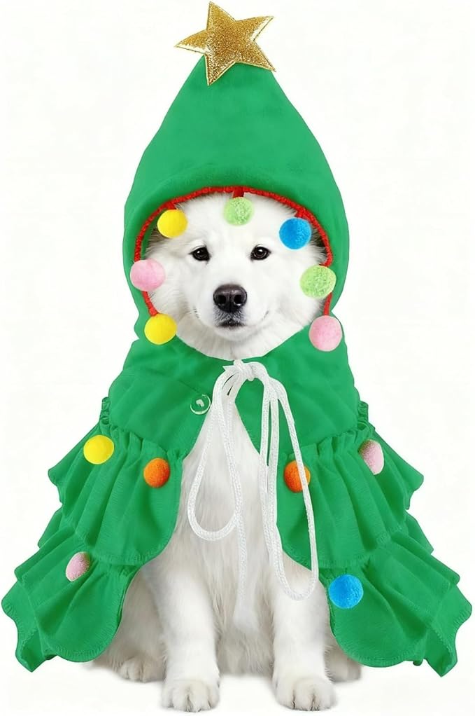 Vellibring Dog Christmas Outfit Green Pet Cloak with Hat with Star and Pompoms Puppy Cape Clothes Xmas Tree Elf Costumes Party Pet Supplies Accessories for Dogs Big Cats Santa Presents