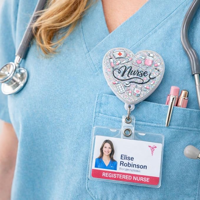 Nurse Heart Badge Reel Bling Acrylic Cardiac ID Name Holder with Retractable Clip Nursing Student School Essentials NICU ICU ER Accessories Valentine Gift Medical Assistant Cardiology MA RN LPN CNA
