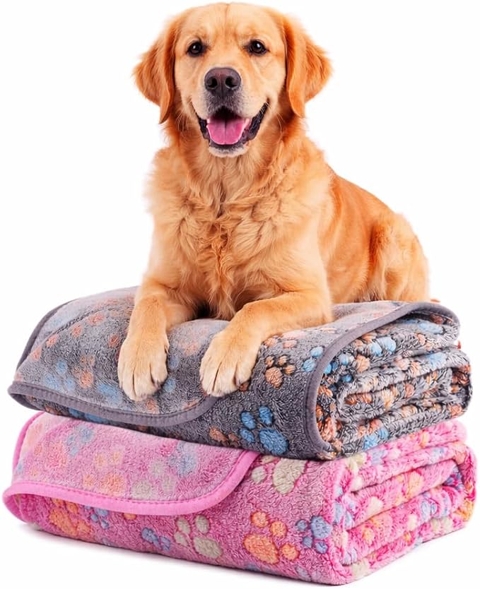Dog Blanket 2 Pack Soft Flannel Pet Blanket for Dogs & Cats, Cozy Puppy Blanket for Couch Bed Crate, Washable Paw Print Throw 40 * 30 Inch Grey&Red