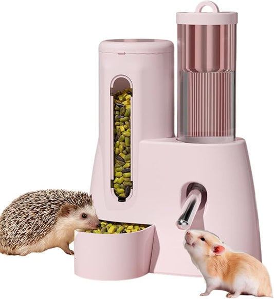 2 in 1 Rabbit Food Water Dispenser, Guinea Pig Water Bottle, Large Capacity Bunny Feeder for Cages, Automatic Bunny Feeder, for Rabbit Ferrets Guinea Pigs Hedgehog Hamsters Small Animals (Pink,L)