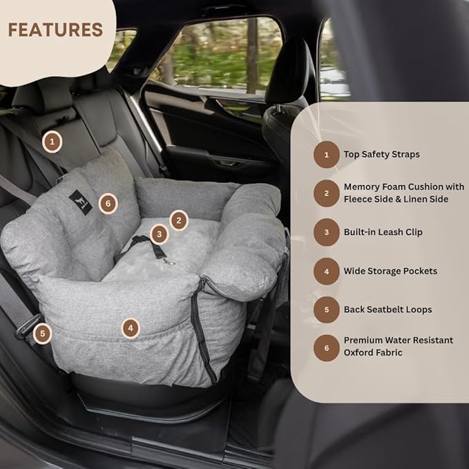 JACKO & CO Premium Dog Car Seat – Safe & Cozy Travel Bed Carrier for Small Dogs, Puppies, Pets, Clip-On Leash, Storage Pockets, Water-Resistant, Machine Wash (Black, Removable - Small (1-25lbs))