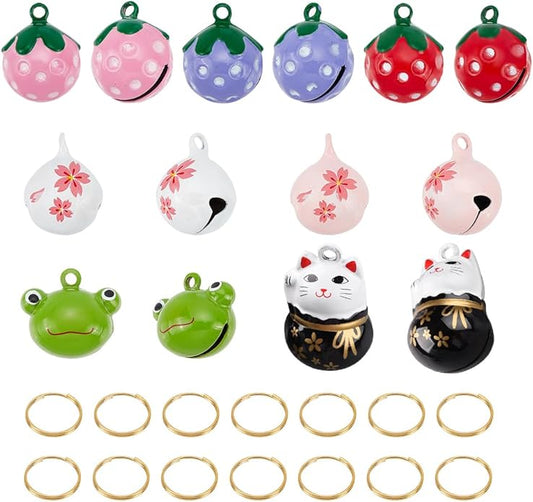 CHGCRAFT 14Pcs 7 Styles Pet Collar Bells Brass Cherry Panda Frog Strawberry Charm Cat Collar Bell Pet Pendant Accessories with Stainless Steel Double Loops Jump Rings for Potty Training
