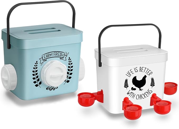‎Tgeyd Chicken Feeder and Chicken Waterer Set - Hanging Automatic Chicken Feeder No Waste - Chicken Coop Accessories - Poultry Waterer with 2 Gallon/10 Pounds