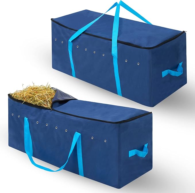 Sanwuta 2 Pack Hay Bale Bag 600d 41 x 15 x 17 Inch Extra Large Hay Storage Container for Horses Oxford Cloth Heavy Duty Tote Bale Storage Bag for Cattle Goats Sheep Horse Supplies(Blue)